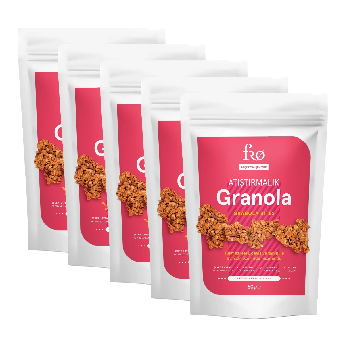 FRO%205li%20Atıştırmalık%20Granola%20Vegan%20Glutensiz%20Şekersiz%20Atıştırmalık%20Sağlıklı%20Katkısız%20Granola%205x50gr