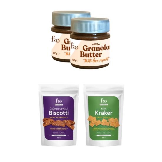 FRO 4’lü 2 x Granola Butter Cacao, Kıtır Kraker, Üzümlü Cevizli Biscotti Seti Sağlıklı Atıştırmalık