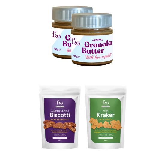 FRO 4’lü 2 x Granola Butter Original, Kıtır Kraker, Üzümlü Cevizli Biscotti Paketi Sağlıklı Atıştırmalık