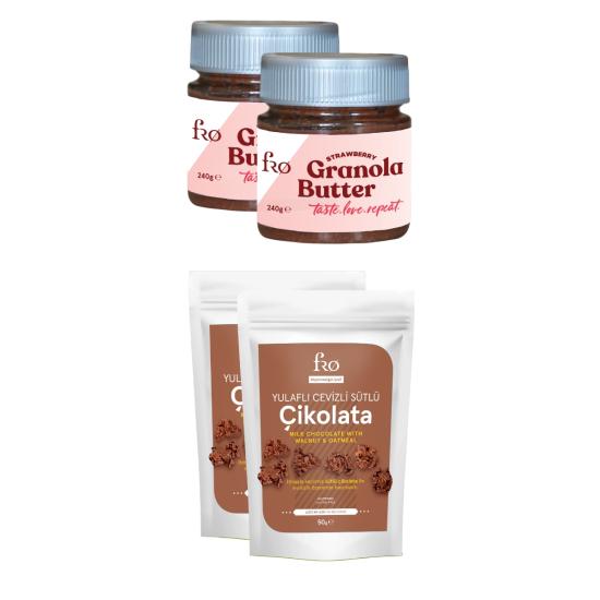 FRO 2 x Granola Butter Çilek Sağlıklı Kahvaltılık 2 x Yulaflı Cevizli Sütlü Çikolata Glutensiz Atıştırmalık