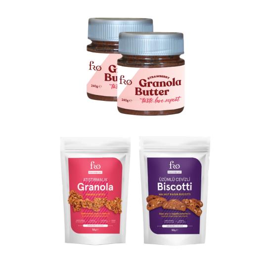 FRO 4’lü 2 x Granola Butter Çilek, Atıştırmalık Granola, Üzümlü Cevizli Biscotti Seti Sağlıklı Atıştırmalık