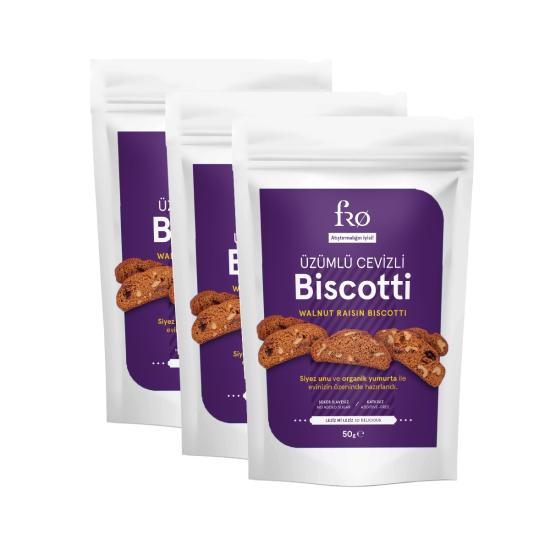 FRO 3’li Üzümlü Cevizli Biscotti Kurabiye Sağlıklı Atıştırmalık Lif Kaynağı 3x50gr