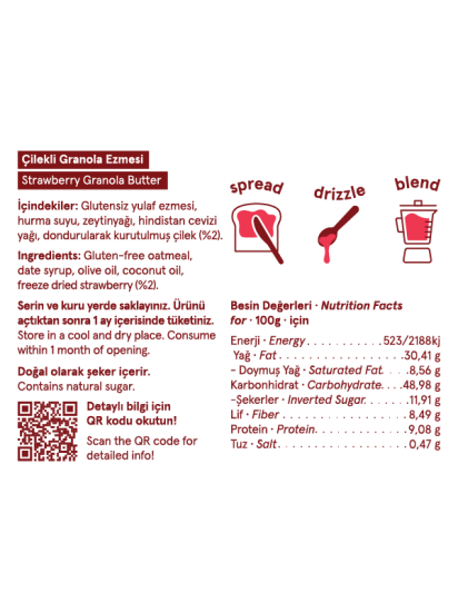 FRO Granola Butter Çilek Glutensiz Şekersiz Vegan Sürülebilir Kahvaltılık Ara Öğün 250gr