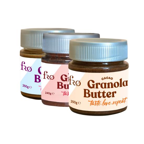 FRO 3’lü Granola Butter Çilek ve Granola Butter Original ve Granola butter Cacao Glutensiz Şekersiz Vegan Sürülebilir Kahvaltılık 3x250gr